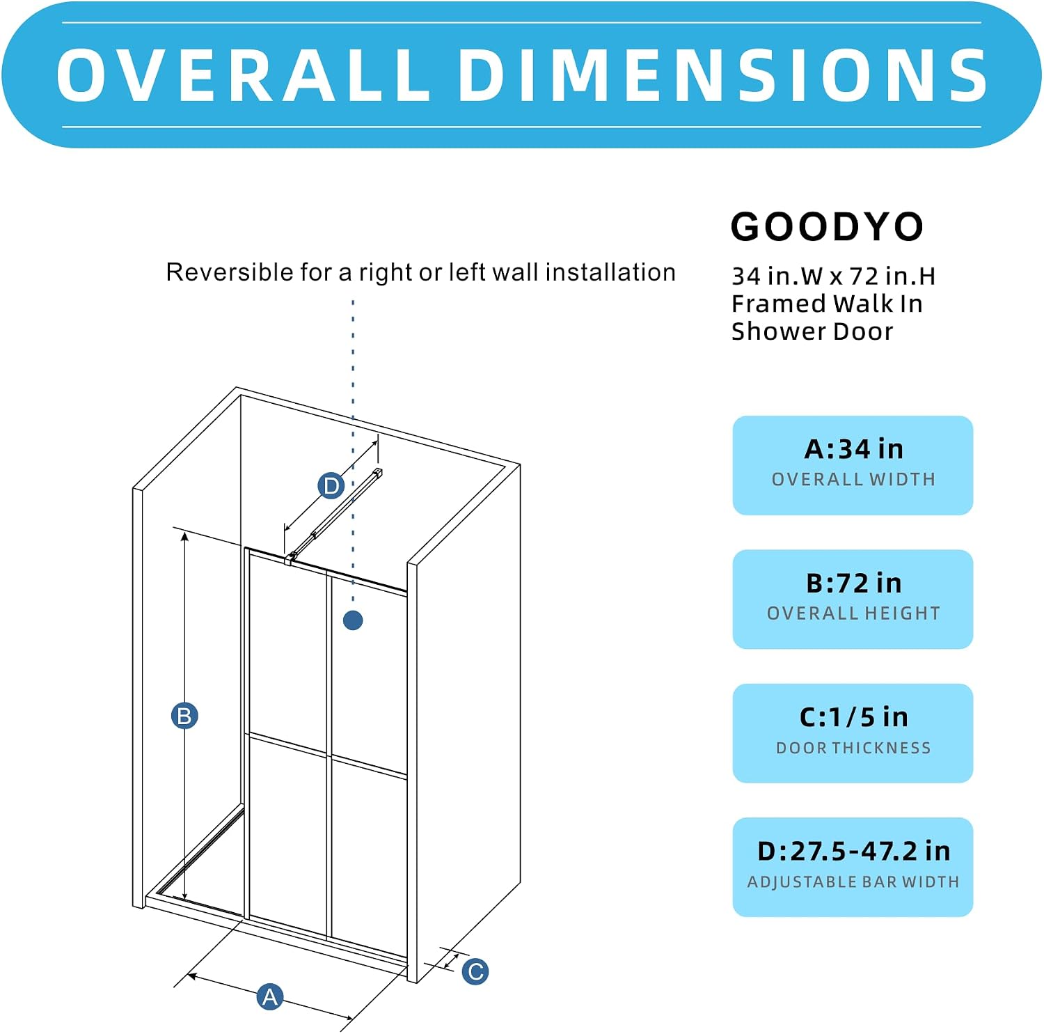 Goodyo Glass Shower Door 34' x 72' Frosted Tempered Glass Panel Fixed Shower Screen for Walk-in Bathroom Matte Black Frame
