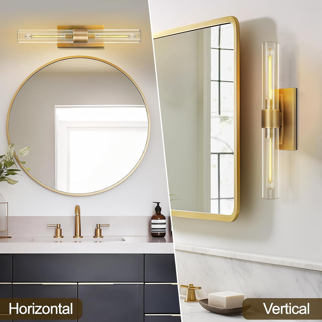 Brass Bathroom Vanity Wall Sconces, Glass Tube Wall Sconces, 24 Inch Horizontal or Vertical Linear Wall Sconces,Gold Vanity Light, Bathroom Wall Sconce, E26 Bulb Included