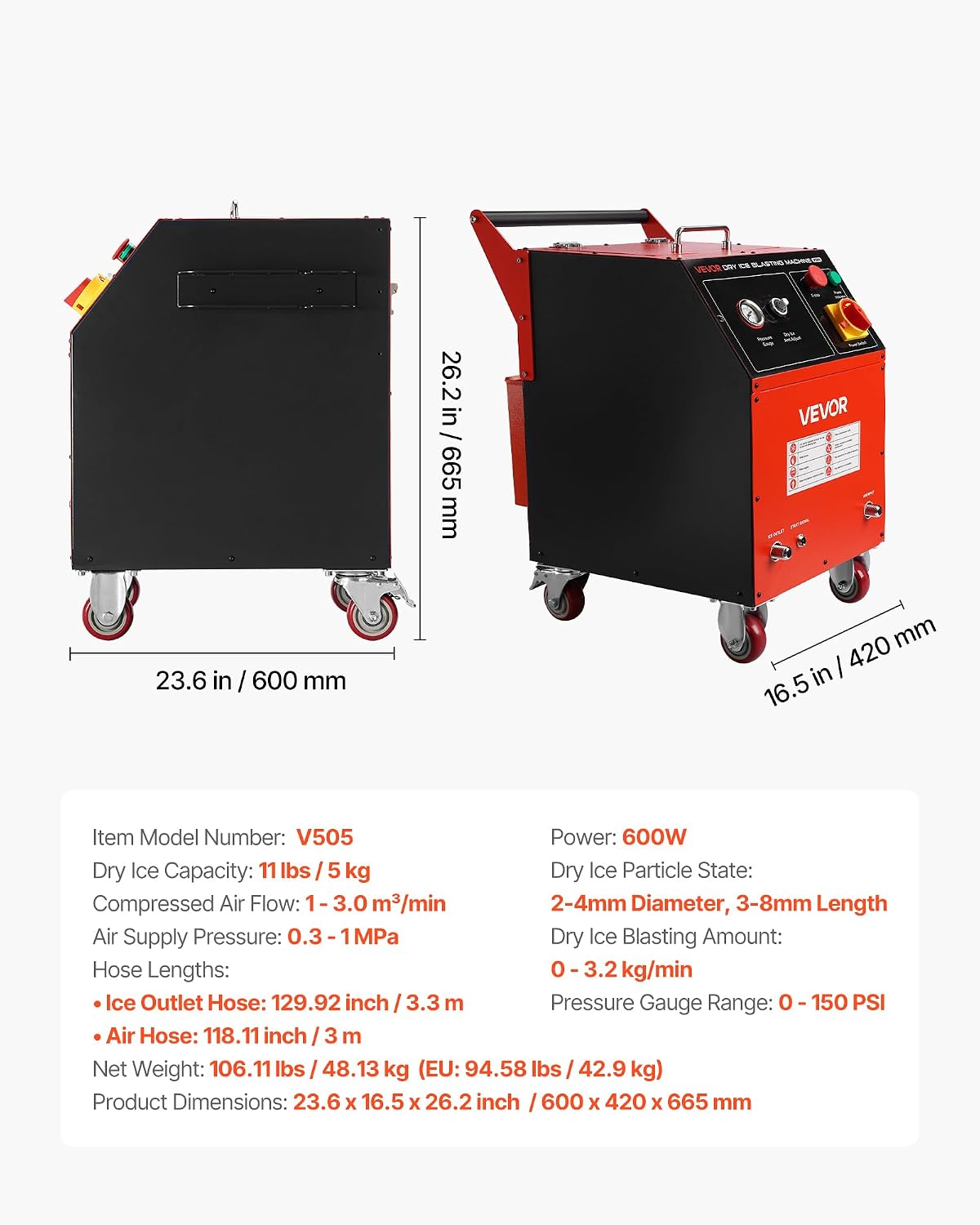 VEVOR Dry Ice Blasting Machine, 11LBS (5KG) Capacity Dry Ice Cleaning Machine with 4 Nozzles, Adjustable Pressure & Dry Ice Amount, Movable Blaster Cleaner for Automotive Ship Aviation Chemical, 120V