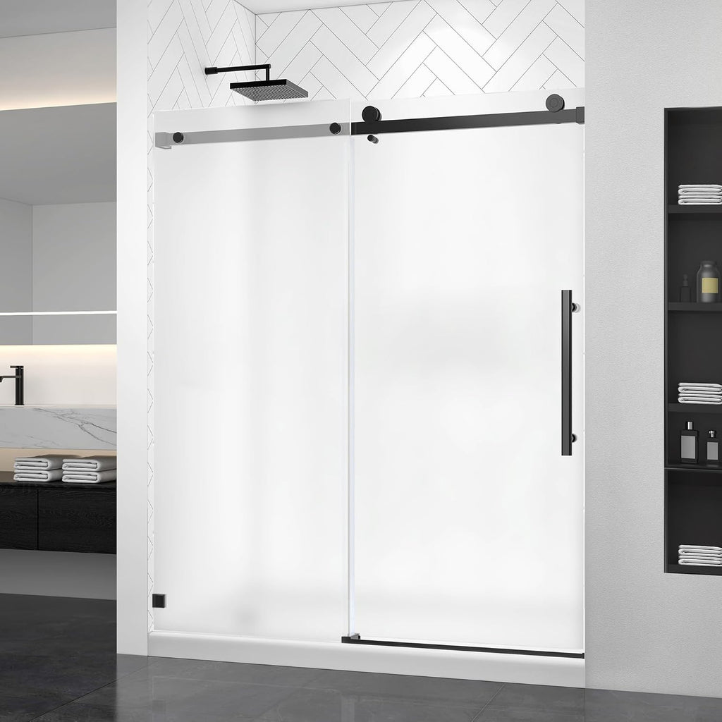 Frosted Black Sliding Shower Door 55-60' W x 72' H, Single Sliding Door, Frameless, 1/4'(6mm) Tempered Glass, Reversible Installation