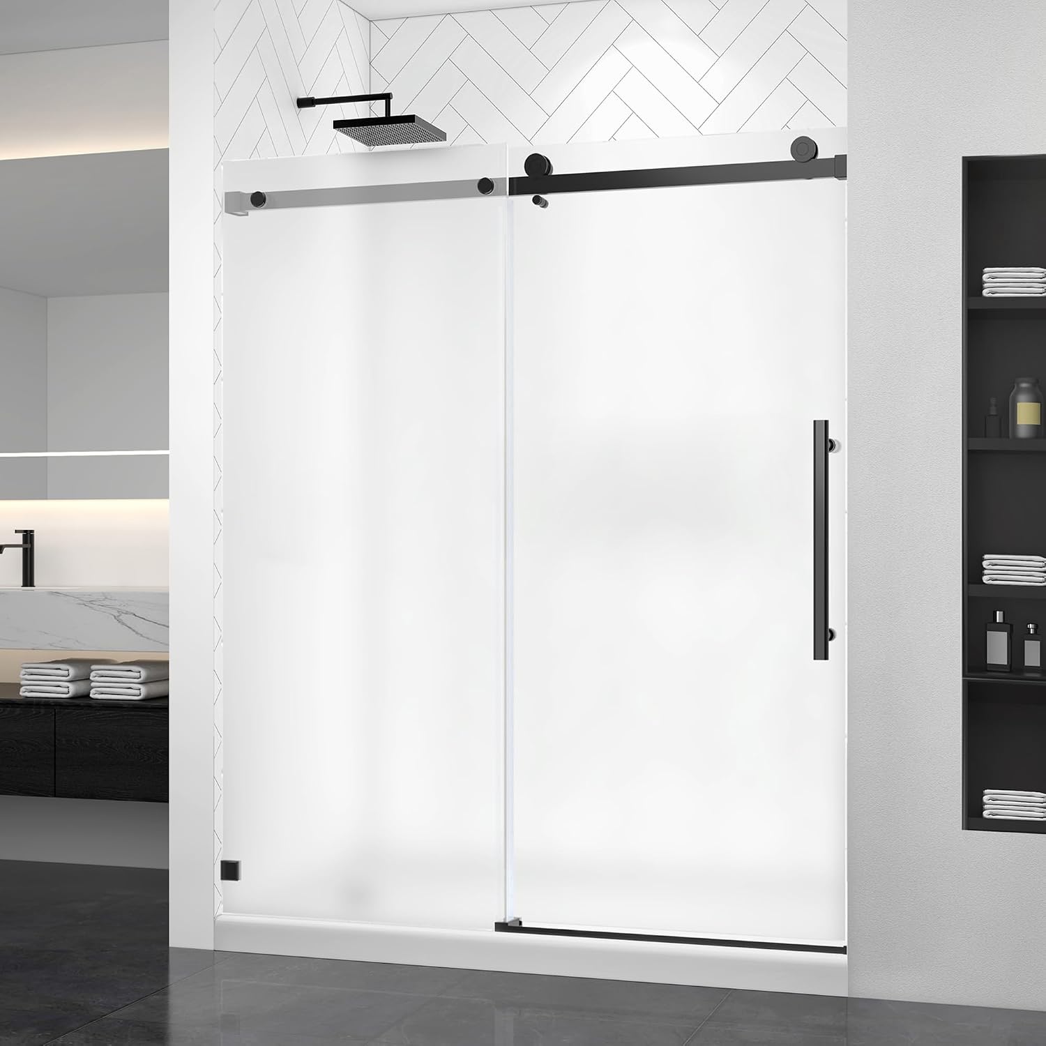 Frosted Black Sliding Shower Door 55-60' W x 72' H, Single Sliding Door, Frameless, 1/4'(6mm) Tempered Glass, Reversible Installation