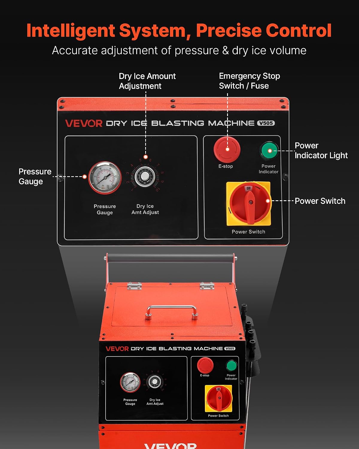VEVOR Dry Ice Blasting Machine, 11LBS (5KG) Capacity Dry Ice Cleaning Machine with 4 Nozzles, Adjustable Pressure & Dry Ice Amount, Movable Blaster Cleaner for Automotive Ship Aviation Chemical, 120V