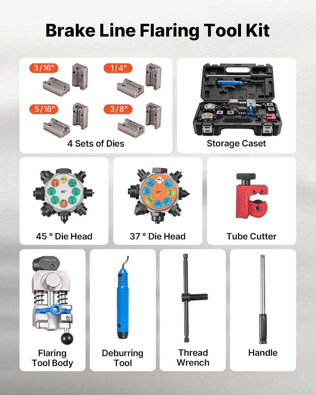 VEVOR Professional Brake Line Flaring Tool, 45 & 37 Degree Double Flare Bubble Flare Tool Kit for 3/16', 1/4', 5/16', 3/8' Copper Aluminum Thin Steel Tubes