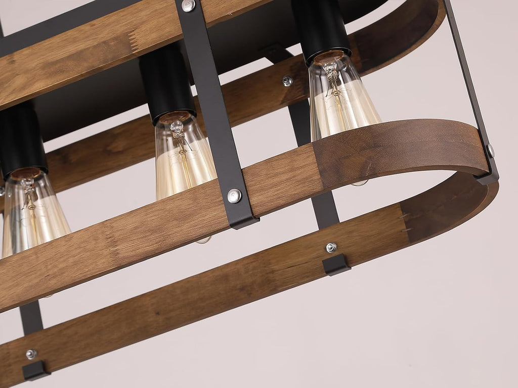 Rustic Farmhouse Wood Kitchen Island Lighting, 4 Lights Rectangular Pendant Light Fixture, Adjustable Rods Oak Wood and Metal Linear Chandelier for Kitchen Island Farmhouse Dining Room, Black