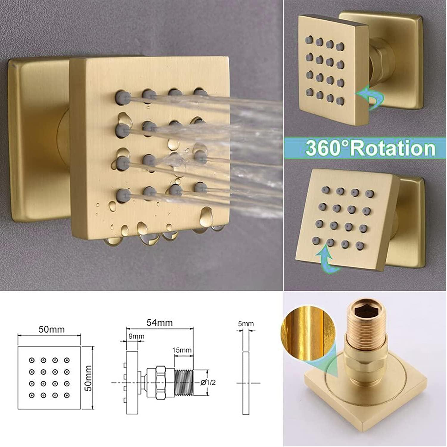 Brushed Gold Rain Shower System with Body Jet, HOMEDEC 12inch LED Rainfall Shower Head System Thermostatic Faucet Set with Body Spray and Handheld