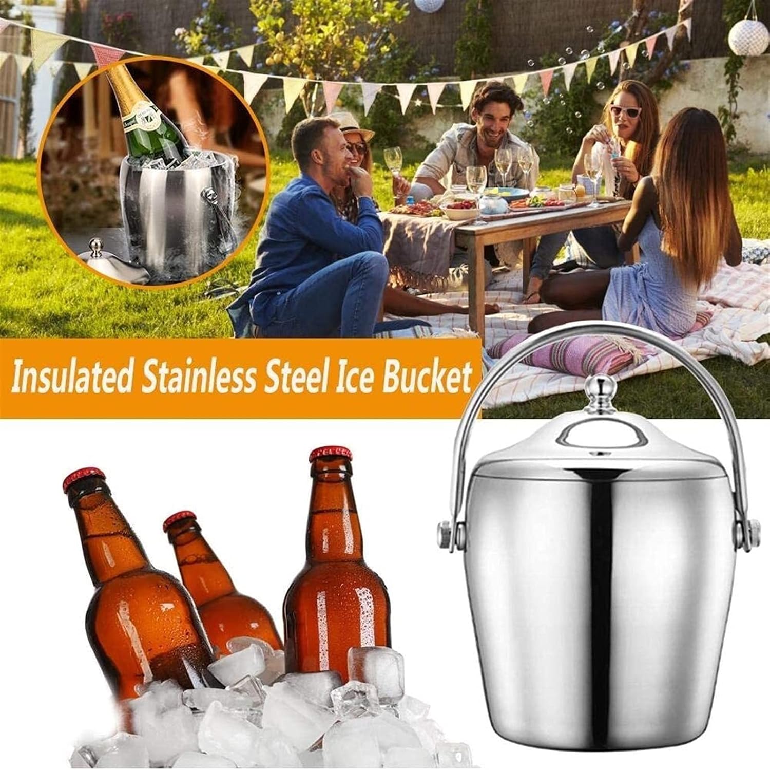 1.2/2L Stainless Steel Ice Bucket Portable 6-Hour Double-Layer Insulated Freezer with Lid for Parties Barbecues Buffets (Size : 2L) (Size : 2L) (1.2L)
