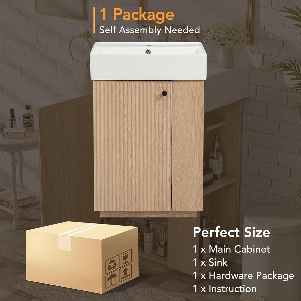 21.6-inch Bathroom Vanity with Reversible Sink, Free-Standing Single Storage Cabinet with One Left Door and Side Open Shelf, Vanity with Ceramic Basin for Bathroom (Wood)
