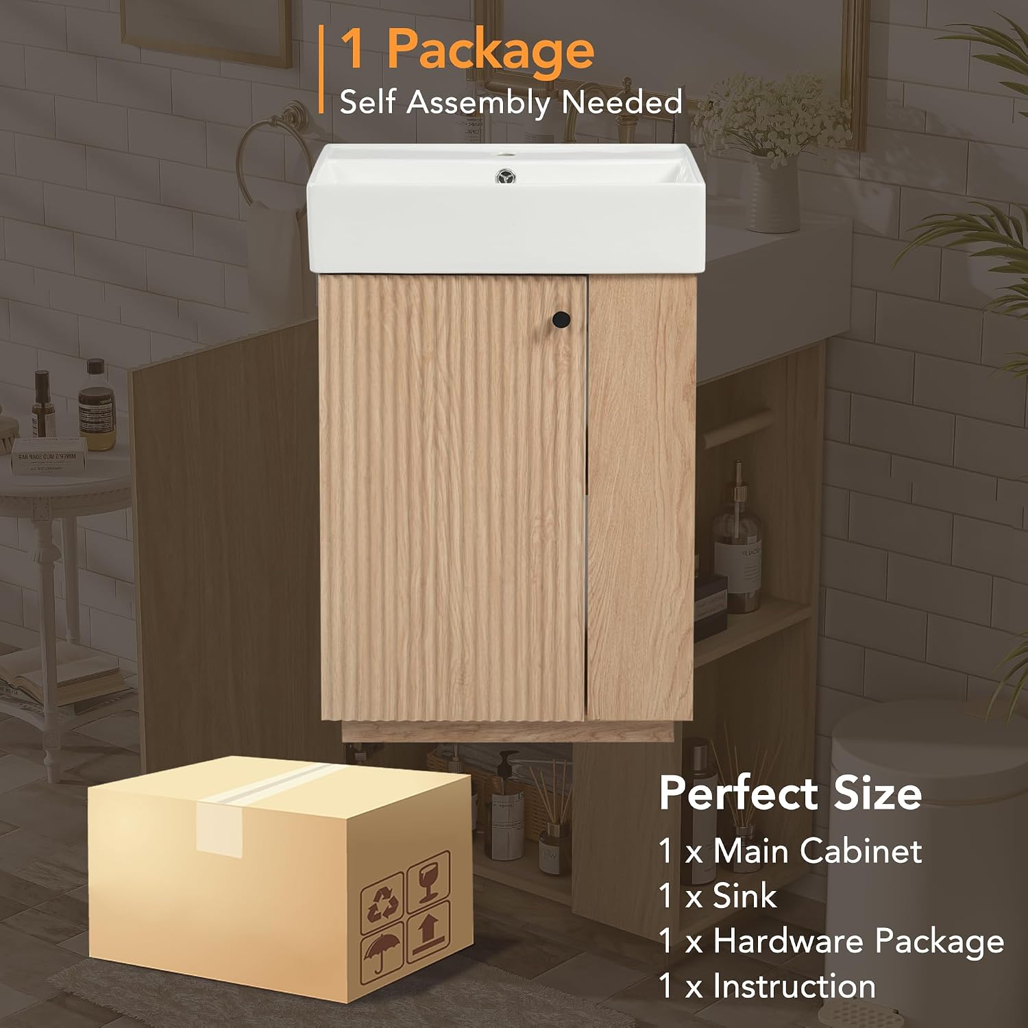 21.6-inch Bathroom Vanity with Reversible Sink, Free-Standing Single Storage Cabinet with One Left Door and Side Open Shelf, Vanity with Ceramic Basin for Bathroom (Wood)