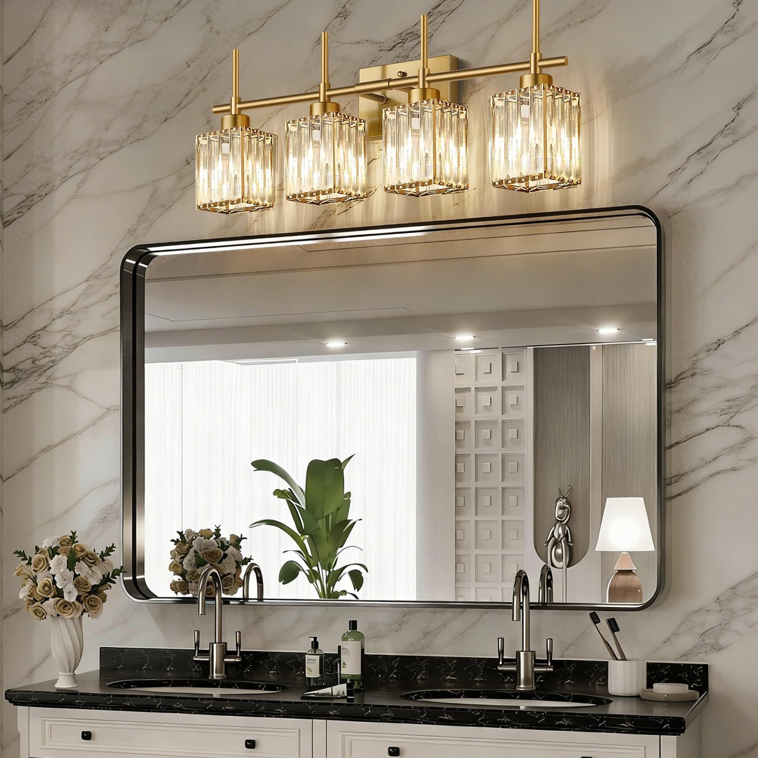 Torondo Modern Crystal Bathroom Vanity Light 4-Lights Brushed Gold Bathroom Light Fixtures Over Mirror Brushed Gold Vanity Lighting Fixtures Square Shade Brass Wall Sconce (Bulbs Not Include)