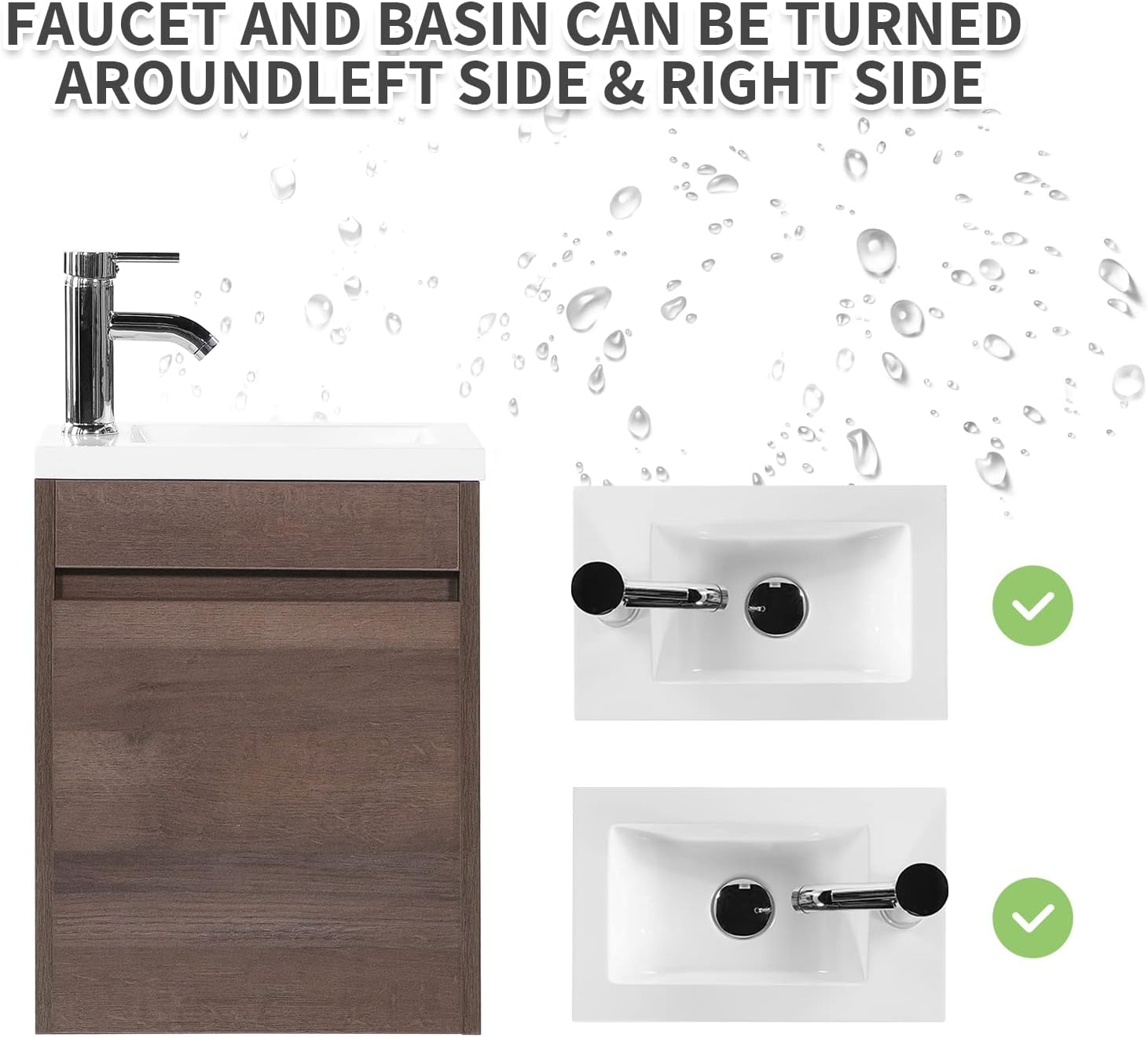 wonline 16' Bathroom Vanity Sink Combo for Small Space Wall Mounted Cabinet Set Design White Resin Basin Sink Top Chrome Faucet Wood Color