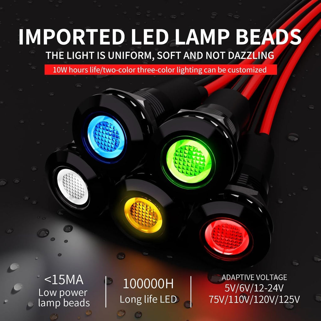 50PCS 12mm (1/2') Green LED Indicator Light Waterproof Metal Signal Lamp 5V 12V 24V IP67 Pilot Dash Head for Car Industrial Equipment Light (12V-Black Shell Green 50PCS)