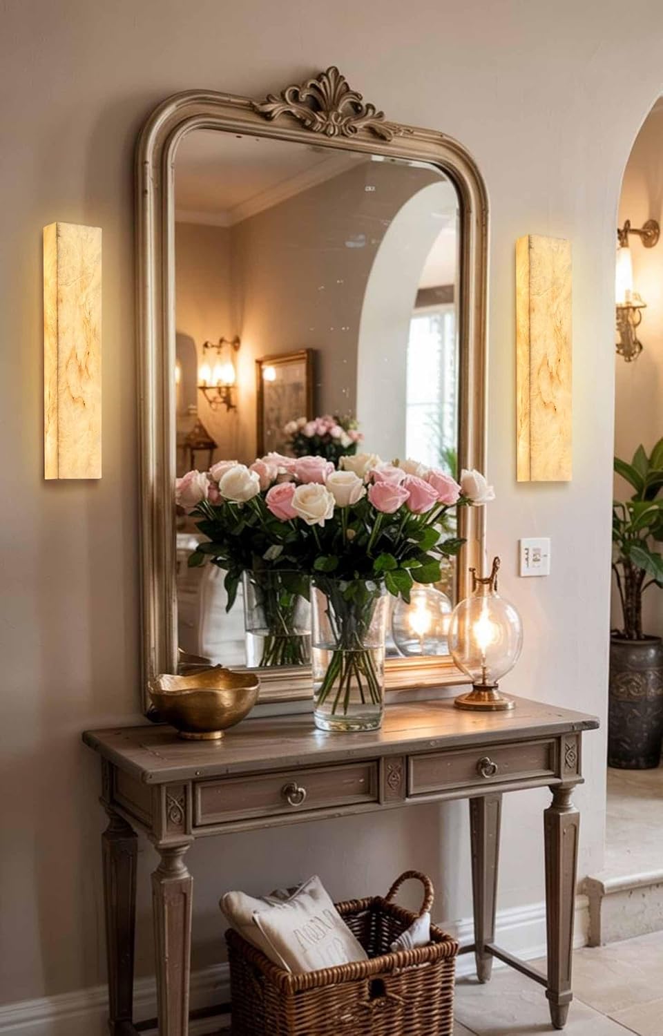 Alabaster Wall Sconces Natural Marble Bathroom Vanity Wall Light Fixture 15.7' Long Marble Wall Sconce Square Alabaster Stone Wall Mount Light Warm Light for Living Room Bedroom Hallway Stairs
