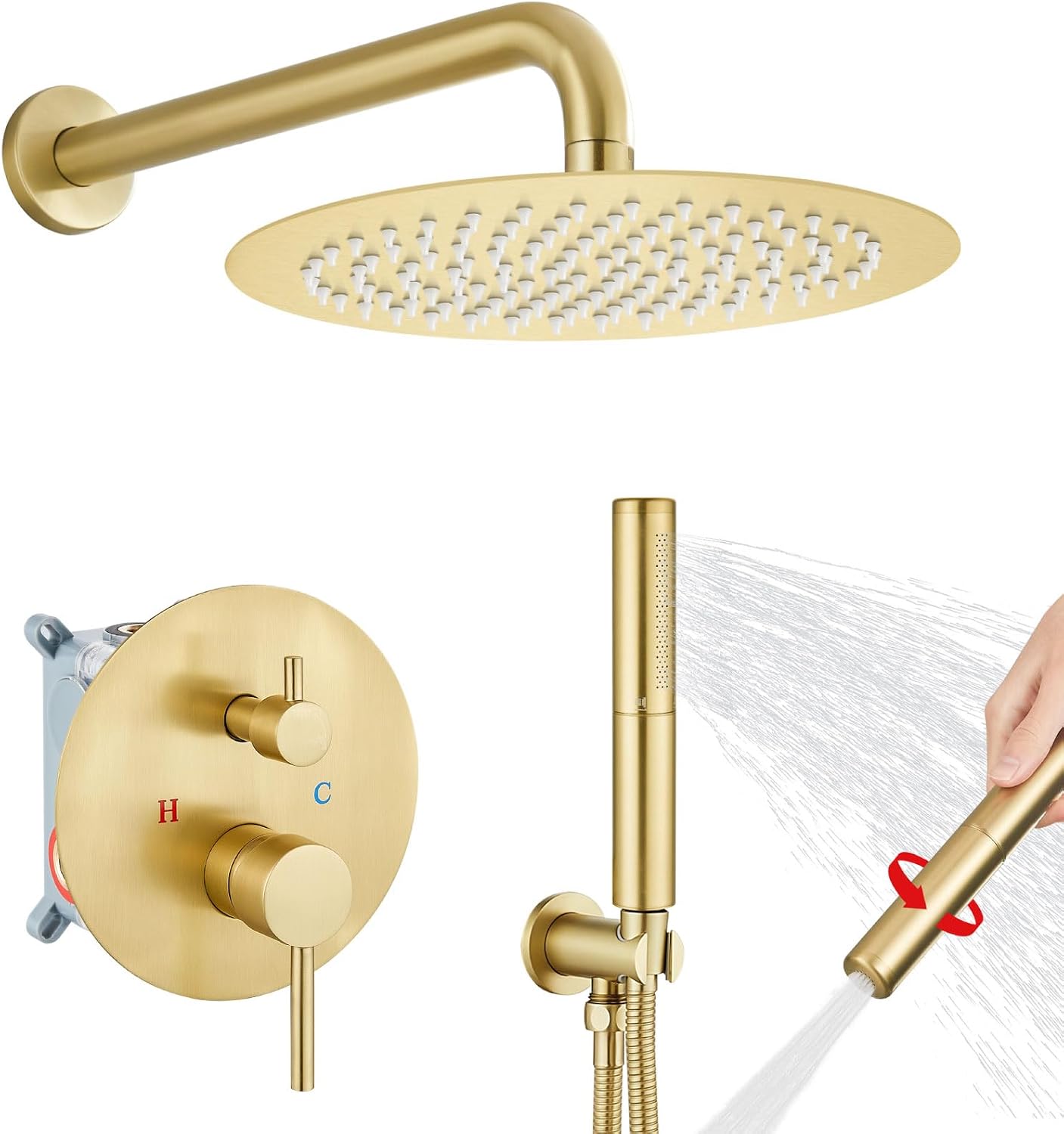 Airuida Shower Faucet Set, Bathtub Faucet Set with 12 Inch Rain Shower Head and Valve,2 Functions Tub Shower Faucet Set for Bathroom-Brushed Gold
