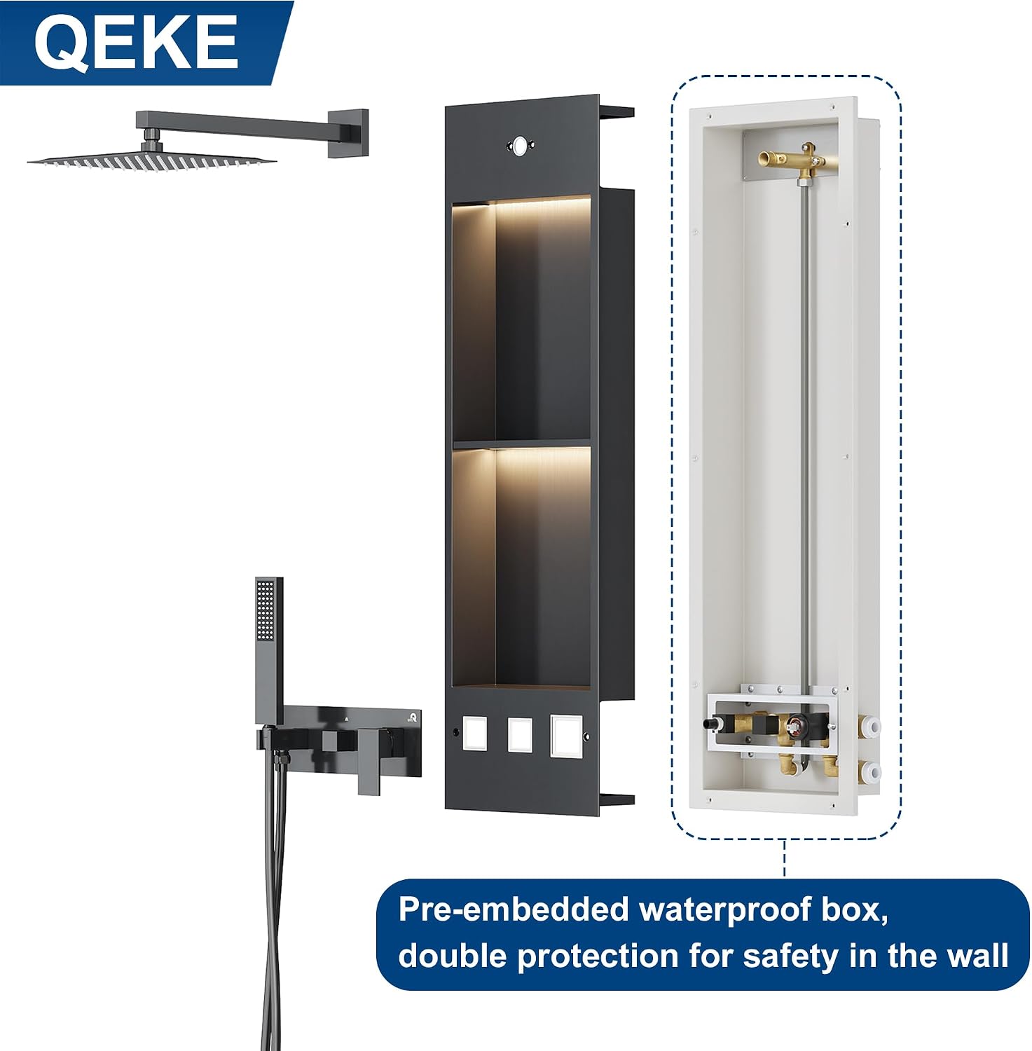 Qeke Integrated Shower Niche with Shower Head and Hand Shower, Stainless Steel Shower Tower System with Led Lights, 2-Tiers No Tile Needed Shower Niche for Bathroom in Gunmetal Black (Golden Shower)