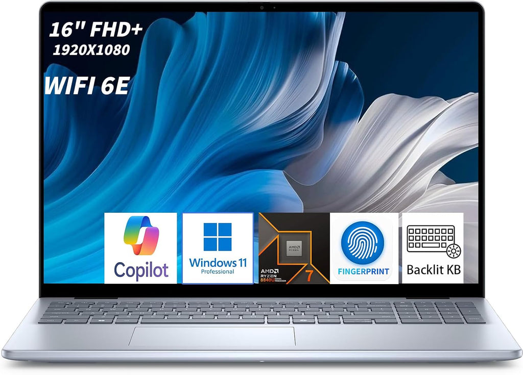 Dell Inspiron 16 Business Laptop Computer - AMD Ryzen 7-8840U(8-Core), AMD Radeon Graphics, 16' FHD+ Display, 32GB DDR5, 1TB SSD, Backlit Keyboard, Wi-Fi 6E, Fingerprint Reader, Windows 11 Pro