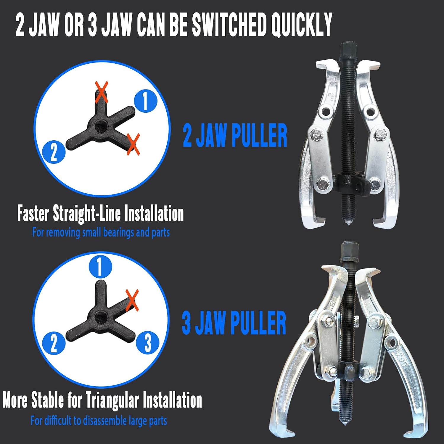 8 in 1 Gear Puller Set, 3' 4' 6' 8' Bearing Pulley Puller Kit, Cr-V Steel 2 Jaw & 3 Jaw Gear Puller with Reversible Jaws, 72Pcs Puller Set for Bearing Gear Pulley Flywheel Removal