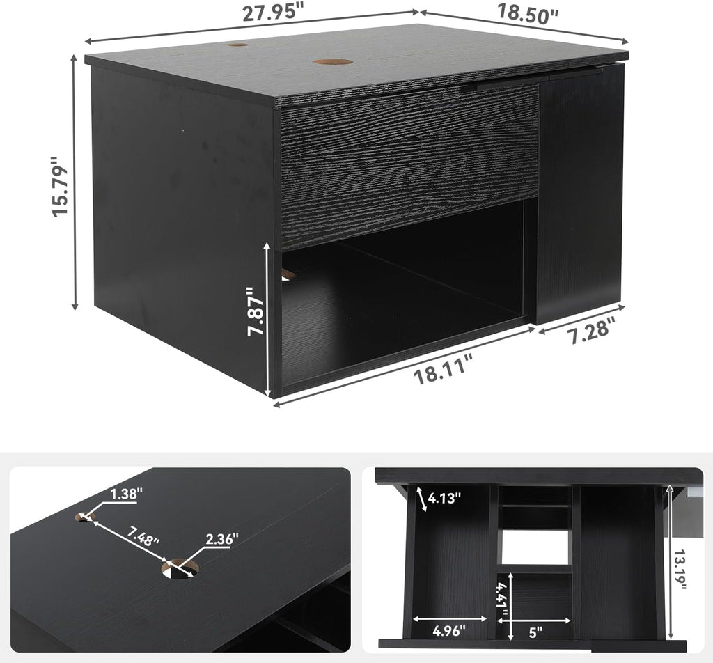 28 Inch Black Floating Bathroom Vanity with 1-Door and 1-Drawer, Modern Wall Mounted Cabinet with Black White Ceramic Vessel Sink Top