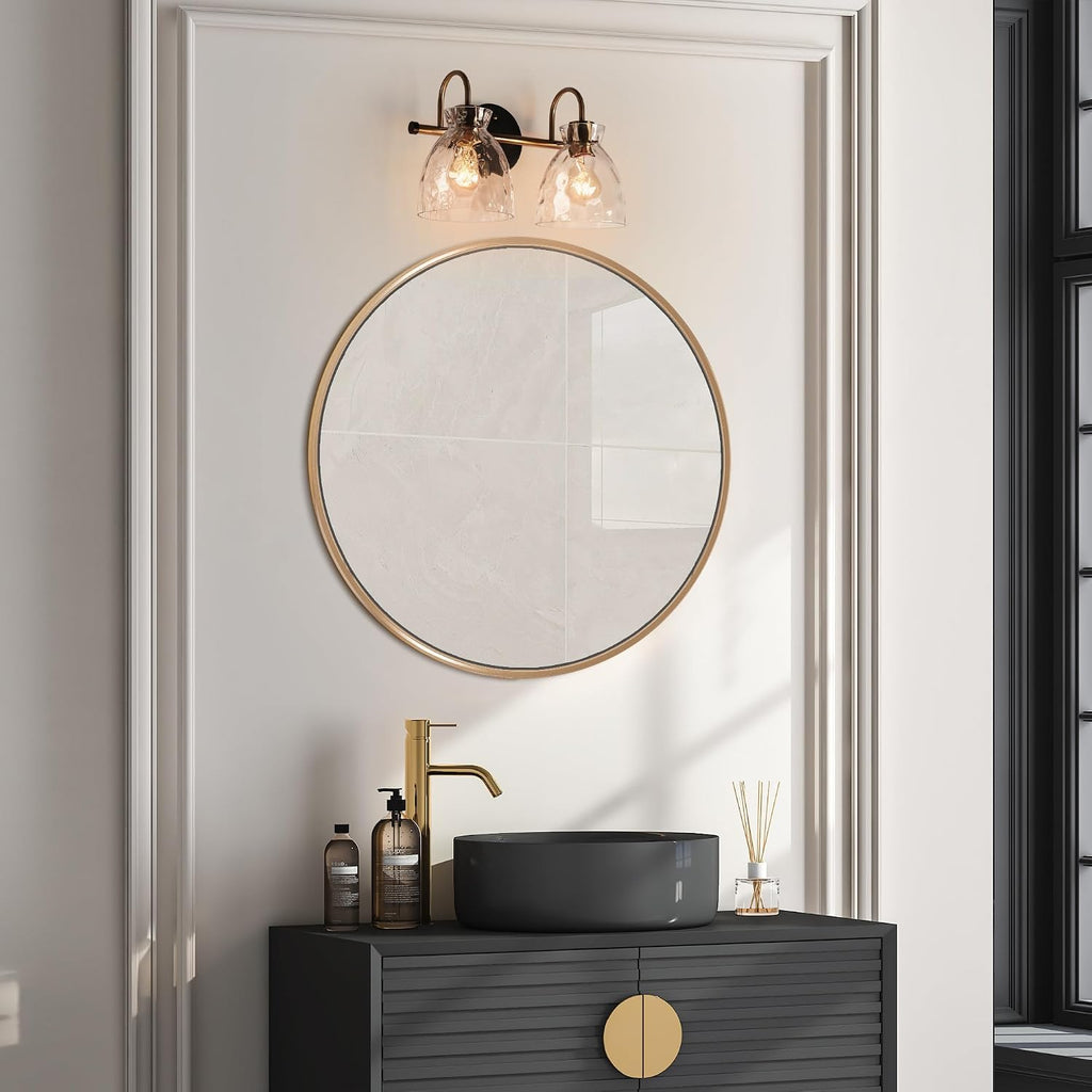 KSANA Modern Bathroom Vanity Lights, 2 Light Vanity Light Fixtures for Bathroom Black and Electroplated Brass Finish Mid-Century Wall Lamps with Water Ripple Glass