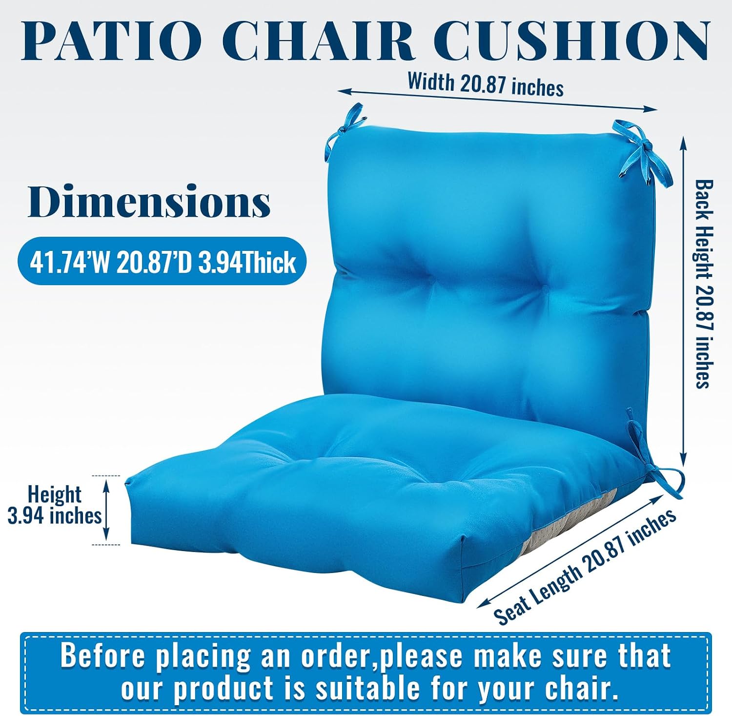 Geetery Outdoor Chair Cushions Set of 4 High Back Patio Furniture Replacement Seat Pads with Ties 42x21x4' for Lawn Porch Wicker Rocking Dining Chairs Weather Resistant Fade Resistant(Blue)
