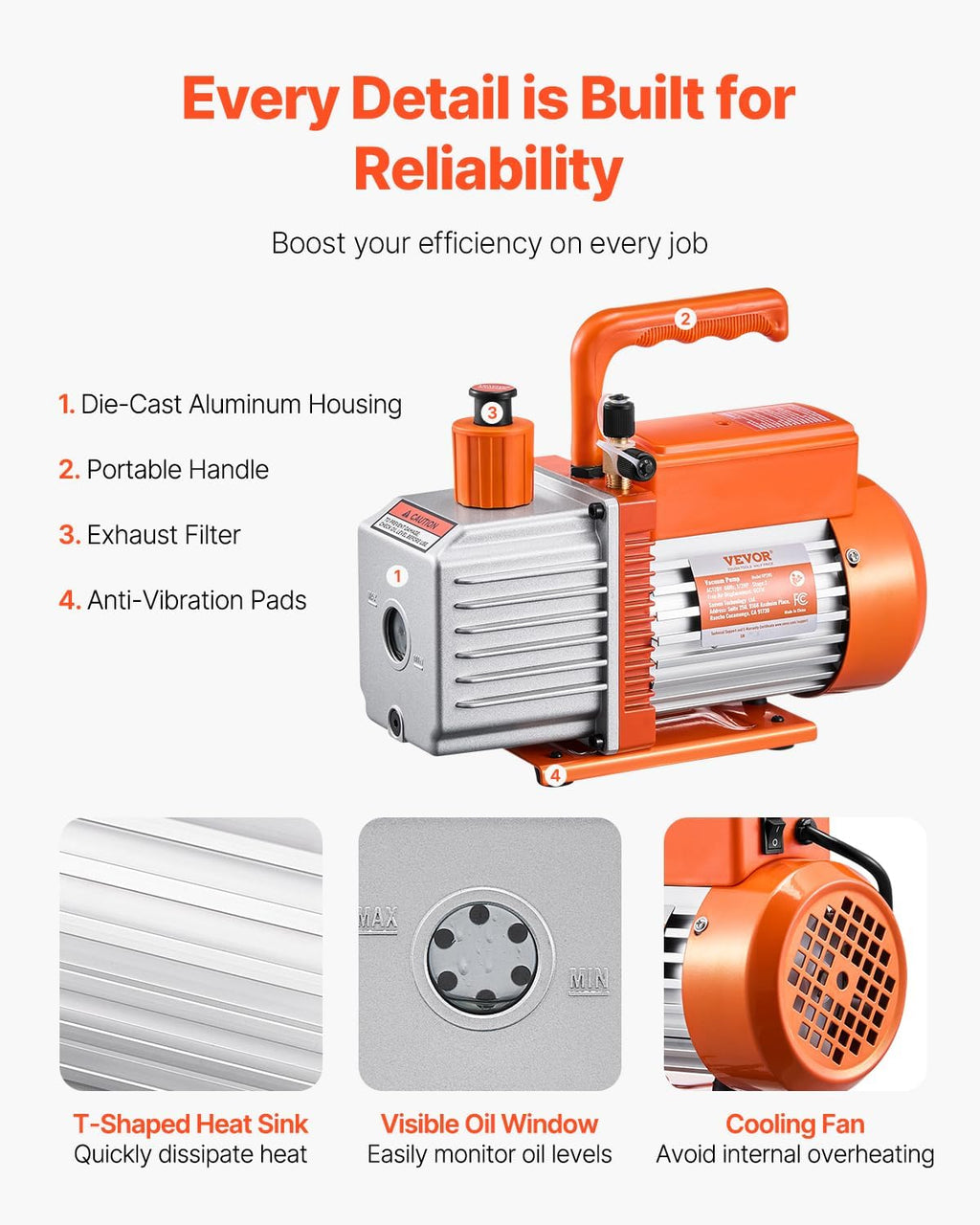 VEVOR Vacuum Pump, 6 CFM, HVAC 2 Stage Rotary Vane Vacuum Pump, for R134a R22 R410a Systems, Auto AC Vacuum Pump Kit with Oil Bottle, for Automotive Air Conditioner Maintenance Resin Degassing