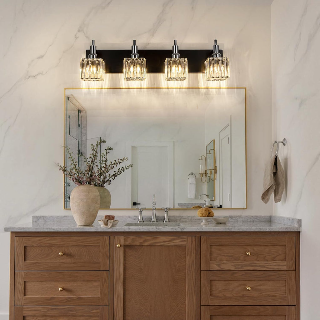 Black Chrome Bathroom Vanity Lights, Modern 4 Lights Crystal Bathroom Lighting Fixtures Over Mirror Crystal Wall Light with Square Shade