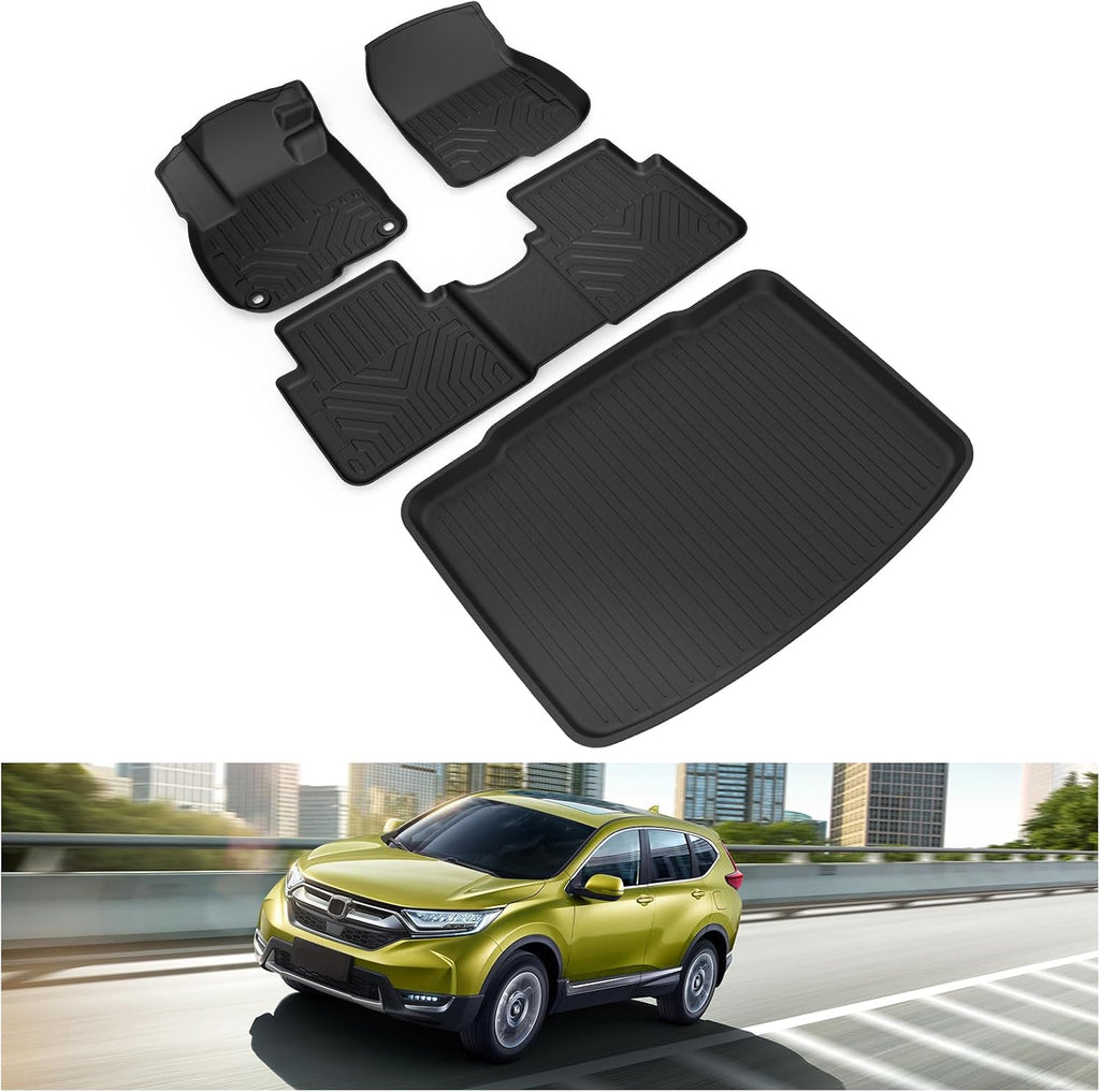 KIWI MASTER Floor Mats & Cargo Mat for 2017-2022 Honda CR-V (Tray in Lower Position), Custom Fit All Weather Car Mats, Heavy Duty TPE Floor Liners, Front & Rear & Tray Trunk Mat Set, Black