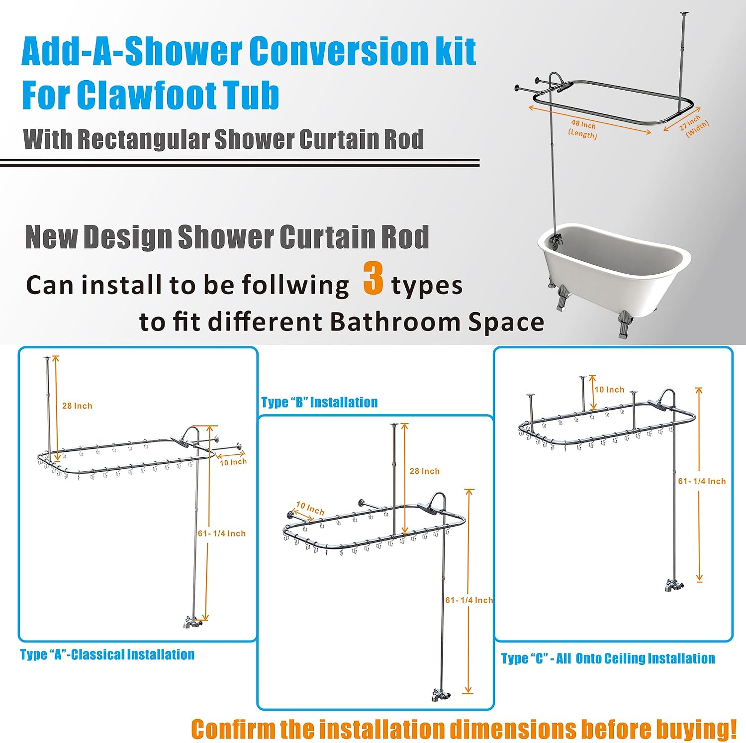 Clawfoot Tub Shower Kit, Add On Shower Units With Bathcock Diverter Faucet and 48' X 27' Rectangular Claw foot Tub Shower Curtain Rod Kit,Claw foot Tub Shower Faucet Set,Chrome Plated