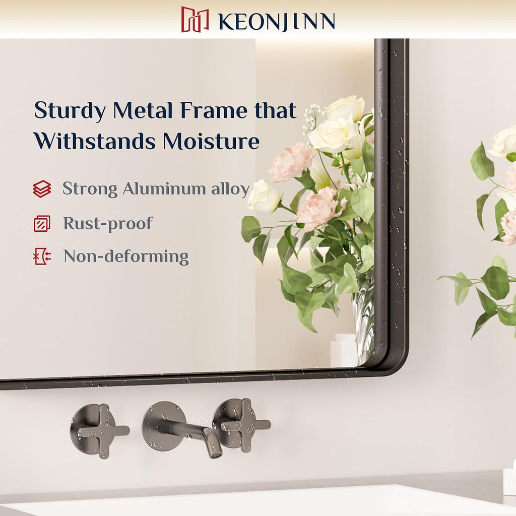 Keonjinn Black Bathroom Mirrors for Over Sink, 36 x 36 Inch Large Square Mirrors for Wall, Rounded Rectangle Matte Black Farmhouse Vanity Mirror, HD Tempered Glass Modern Mirror(Horizontal/Vertical)