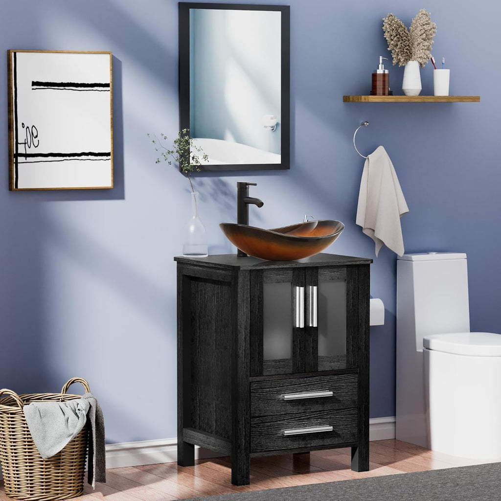 UEV 24' Black Bathroom Vanity with Vessel Sink,Modern Bathroom Vanity Cabinet, Faucet Sink Bowl,Pop Up Drain Included,Modern Brown Boat Tempered Glass Vessel Sink,Mirror Not Included(029BR-new)