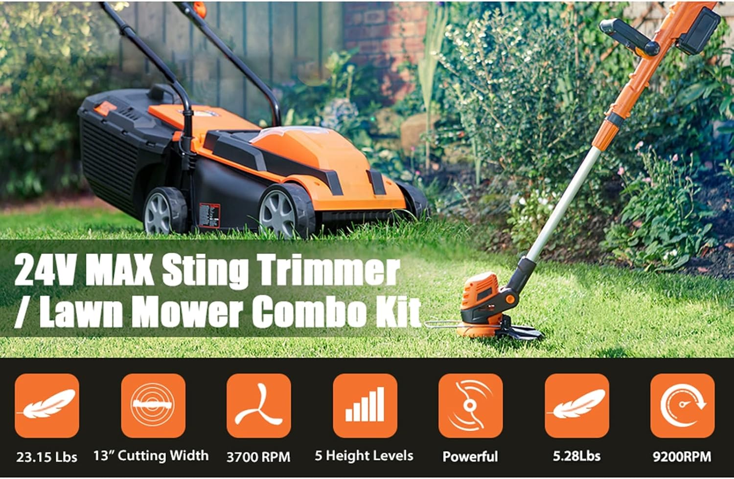 Portable Cordless Electric Lawn Mower Self-Propelled Lawn Mower String Trimmer Combo Kit 24V 4.0Ah Battery & Charger