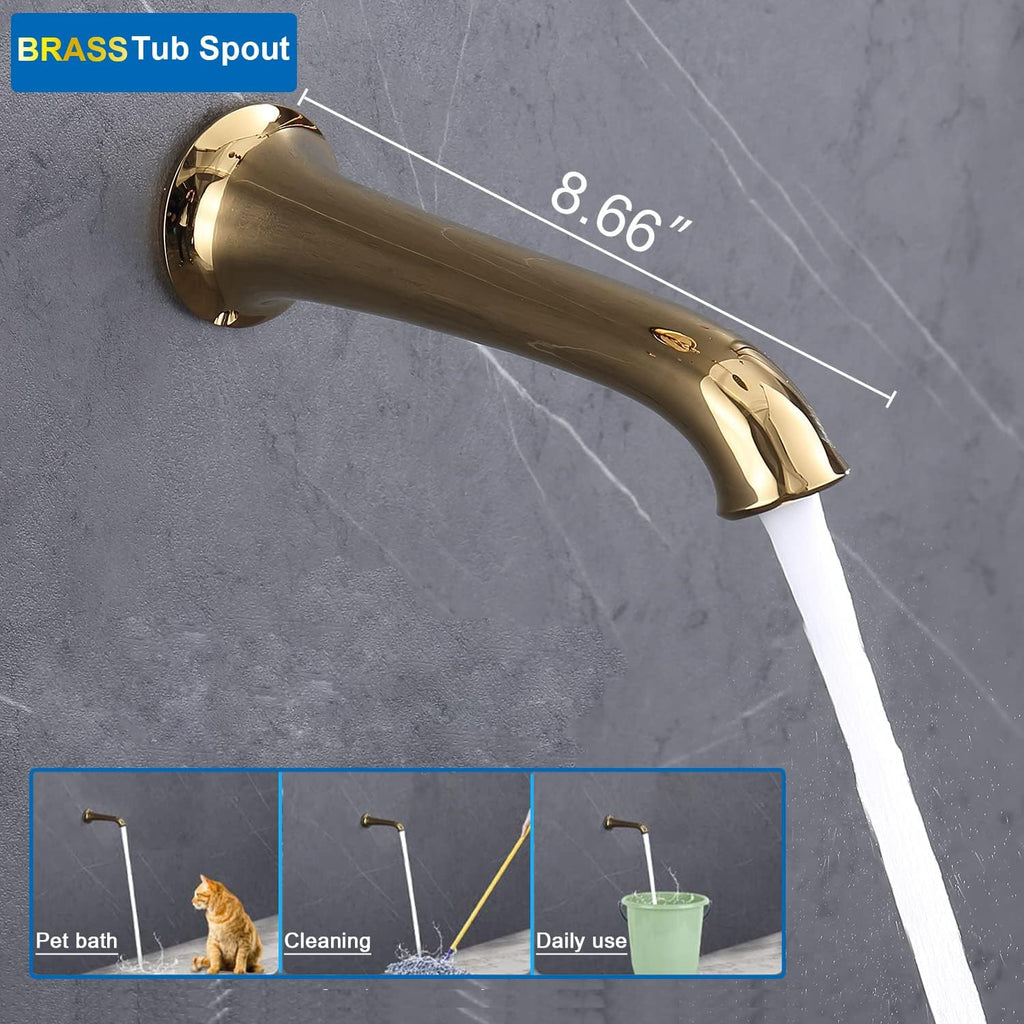 Enga Bright Gold Brass Shower Tub Faucet System Antique 8inch Rainfall Shower with Spout and Hand Spray