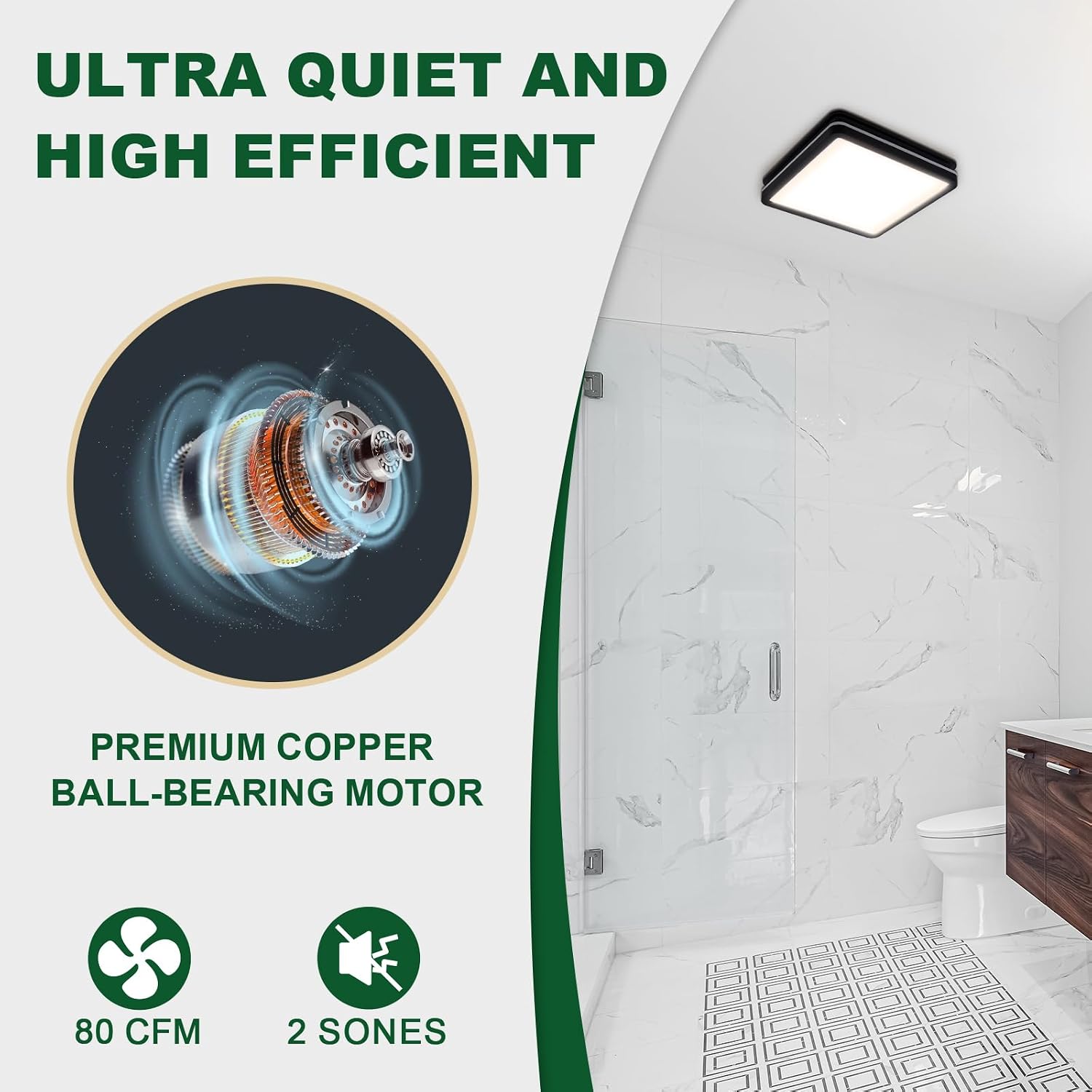 Akicon Bathroom Exhaust Fan with Light, 80CFM 2.0 Sones Powerful Bathroom Fan and Humidity Sensor Switch Combo, 3CCT LED Light and Nightlight Ventilation Fan for Home, Square, Black