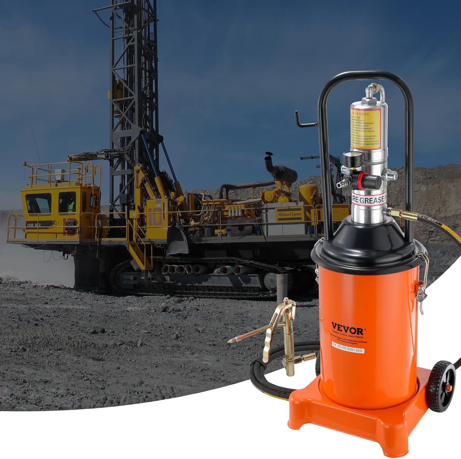 VEVOR Grease Pump, 3 Gallon Air Grease Pump with 13 ft High Pressure Hose and Grease Gun, 12L Pneumatic Grease Pump with Wheels, Portable Lubrication Grease Pump