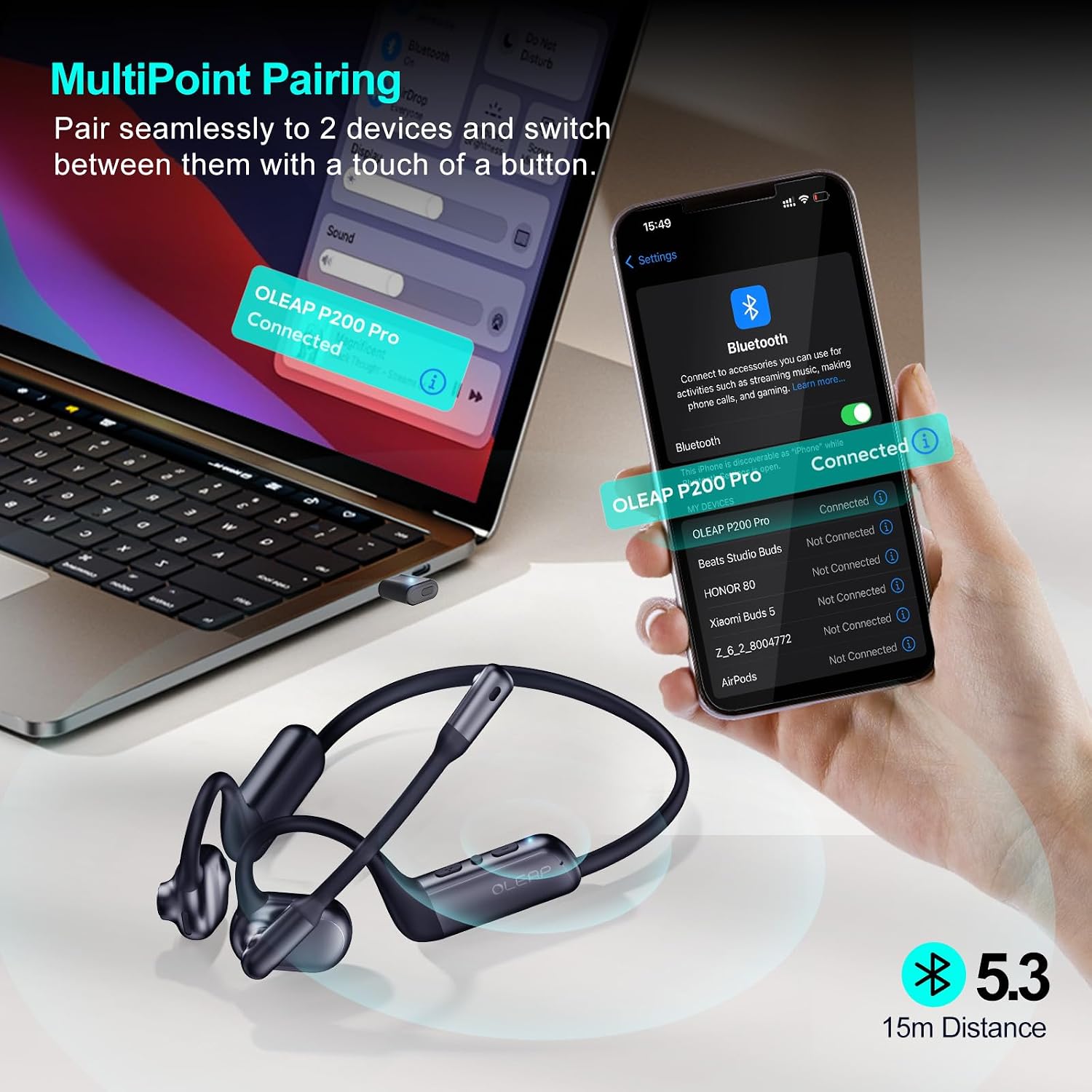 P200b Pro Wireless Headset with Microphone for Work, Open Ear Bluetooth Headphones with AI Noise Cancelling, Clear Calls and Meetings, One-Key Mute, USB Dongle for Phone, Laptop, PC