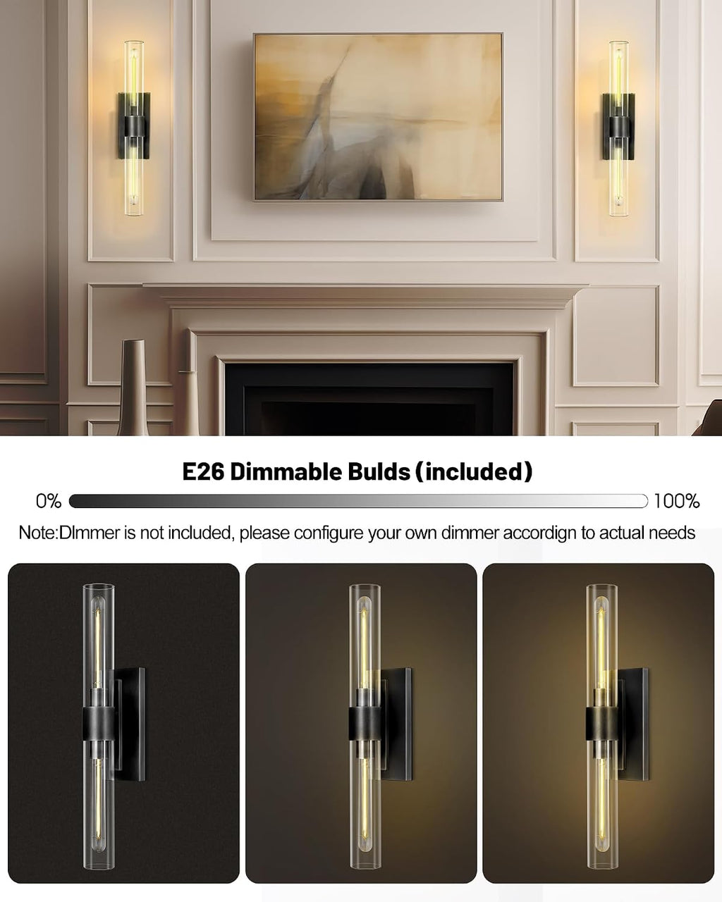 Bathroom Black Vanity Wall Sconces, 2-Light Glass Tube Wall Sconces, 24' Sconces Wall Lighting, Horizontal or Vertical Linear Vanity Light,Bathroom Vanity Light,E26 Bulb Included