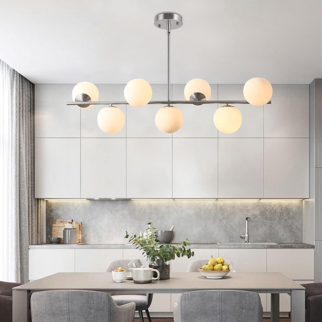 KCO Lighting 7-Light Linear Sputnik Chandelier Brushed Nickel Pendant Light | 31.5' Rod for Sloped Ceiling, 12W 3000K E26 Bulb Included, MCM White Milk Glass Light Fixture for Kitchen Island Dining Room