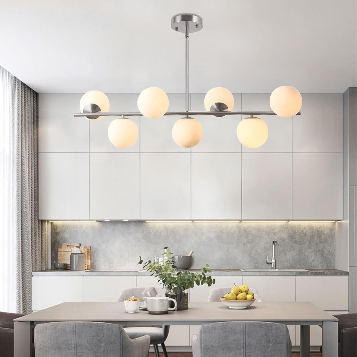 KCO Lighting 7-Light Linear Sputnik Chandelier Brushed Nickel Pendant Light | 31.5' Rod for Sloped Ceiling, 12W 3000K E26 Bulb Included, MCM White Milk Glass Light Fixture for Kitchen Island Dining Room