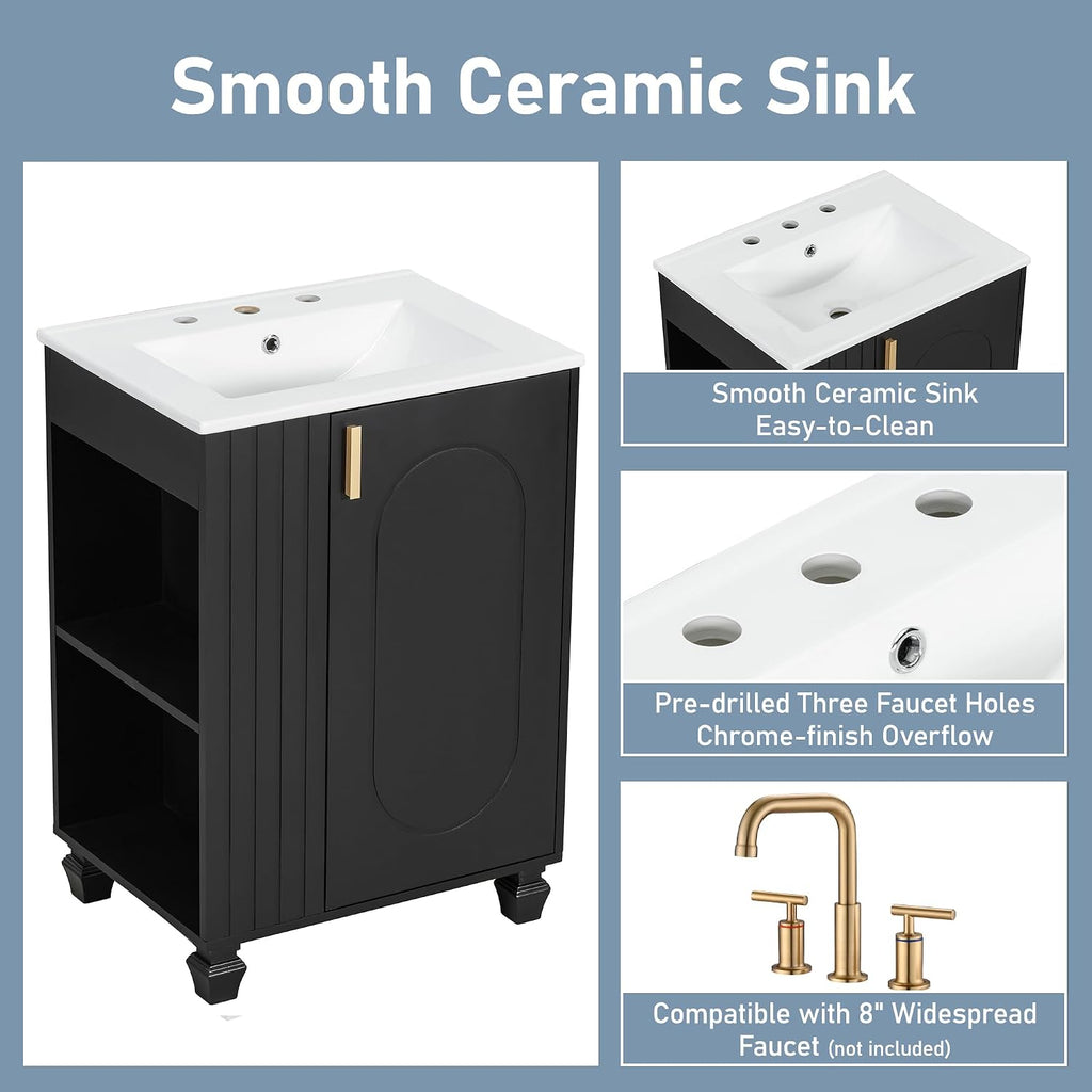 24-inch Bathroom Vanity with Sink Combo, Free-Standing Single Storage Cabinet with Door Shelf, Side Open Storage, and Cabinet, Vanity with Ceramic Basin for Bathroom (Black)