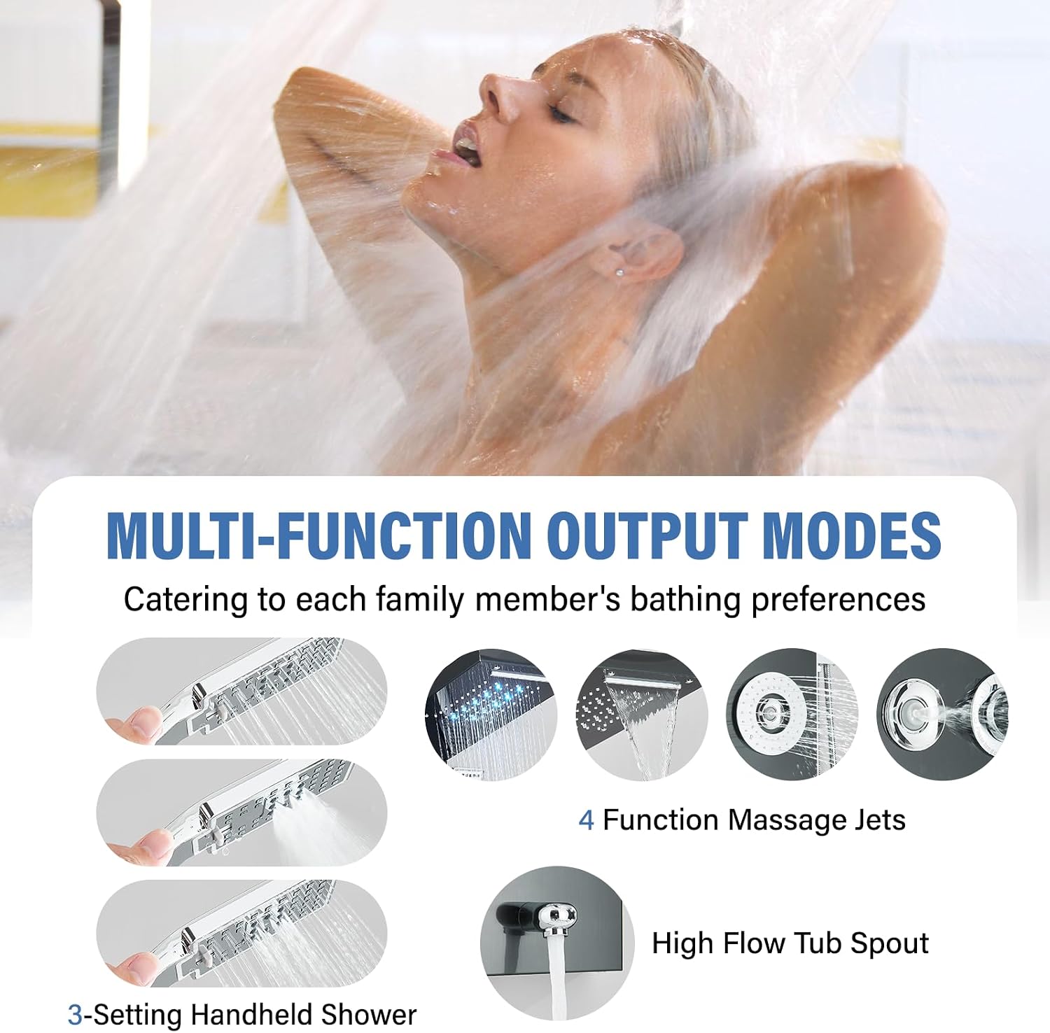 FUZ Shower Panel Tower System, Stainless Steel 6 Functions Shower Panel System with LED Fancy Rain Shower Head and Handheld, Adujstable Rain Massage Body Jets and Tub Spout, Matte Black Shower Tower