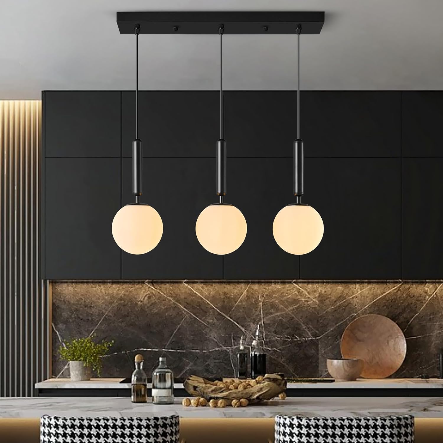 Modern Black Pendant Lights Kitchen Island Mid Century with Globe Pendant Light Milk White Glass Pendant Lighting for Living Room Bedroom Entryway (3 Lights)