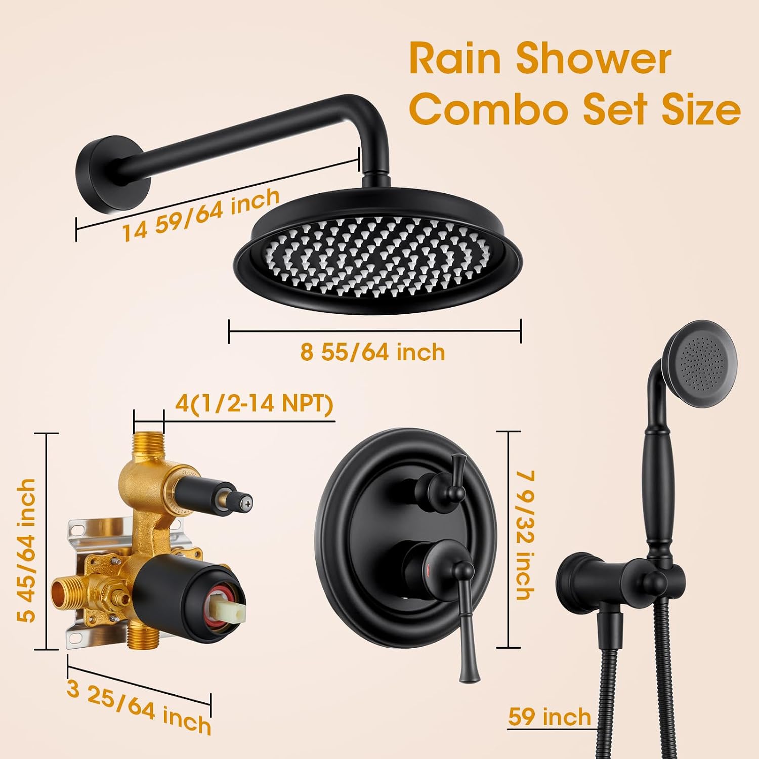 Antique Rain Shower Head with Handheld Spray, Matte Black Rain Shower System with Rough-in Balance Pressure Valve, 9 inch Bathroom Luxury Rain Fall Shower Head Wall Mount Round, (B2312-BK)