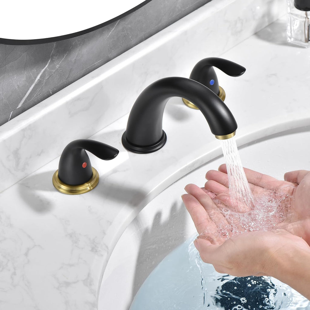 sumerain 8 Inch Widespread Bathroom Faucet 3 Hole Vanity Faucet SUS 304 Stainless Steel, Black&Gold