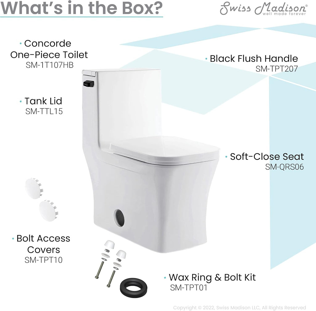 Concorde One-Piece 12' Rough-in 1.28 GPF Left-Hand Flush Square Toilet in Glossy White with Black Hardware