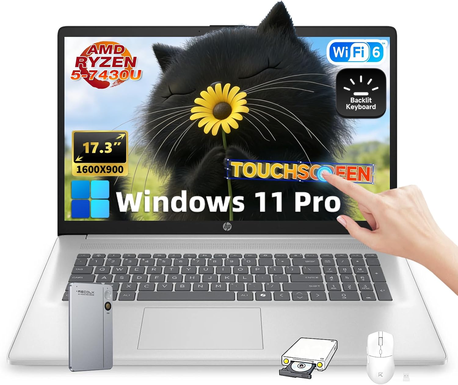 HP 17.3' Touchscreen Laptop for Business and Students • AMD Ryzen 5 7430U(12-Thread) • 17.3' HD+ Anti-Glare Display • Wi-Fi 6 • Backlit KB • Win 11 Pro • w/AI Voice Recorder • 32 GB RAM • 1TB SSD