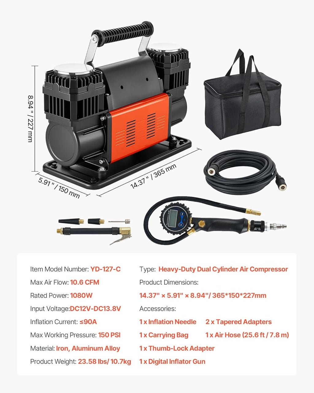 VEVOR Dual-Cylinder Heavy Duty Air Compressor, 10.6CFM Portable Tire Inflator, 12V 150PSI Offroad Air Pump with Digital Pressure Gauge & Adapters for Truck Car SUV 4 x 4 Vehicle RV
