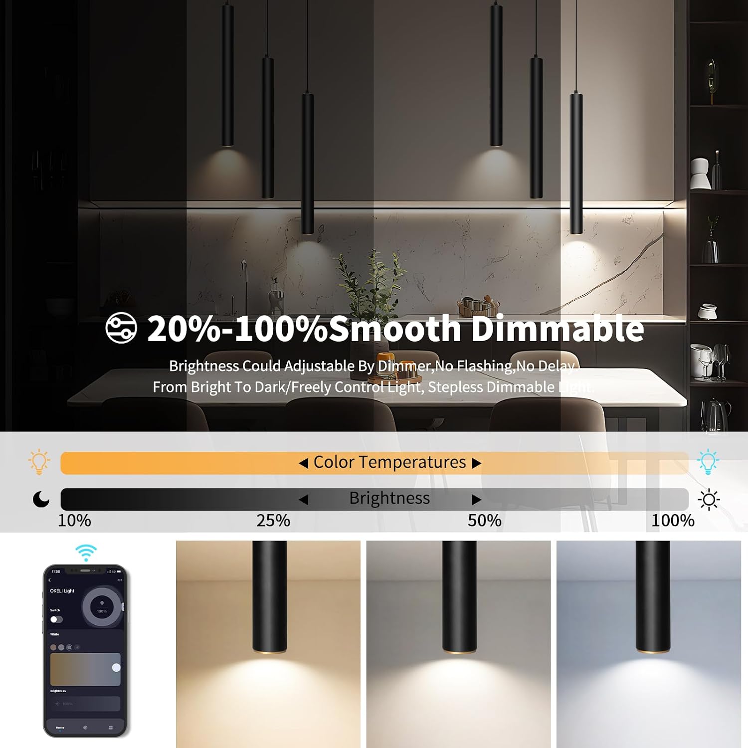OKELI Modern Smart 3-Light Pendant Light Fixtures Round Pendant Lights Kitchen Island LED Minimalist Pendant Lighting Fixture for Kitchen,Dinning Room,Bedroom,Hallway,Bar