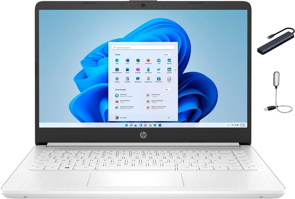 HP 14 inch HD Laptop, Intel Celeron N4500, 4GB DDR4 RAM, 64GB eMMC + 512GB SSD, Windows 11 Home in S Mode, One Year Microsoft 365 Included, WiFi6, Snowflake White with HEX Accessories