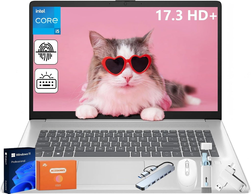 HP 17 Inch Business Laptop, Intel i5-1334U(Up to 4.6 GHz), 17.3' HD+ BrightView 250 nits, Wi-Fi 6, 32GB RAM, 1TB SSD, 128 GB USB, Backlit Keyboard, Fingerprint Reader, Windows 11 Pro, w/Accessories