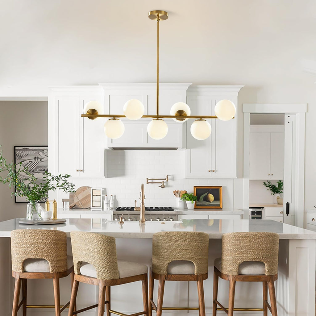 KCO Lighting Modern Brass Linear Chandelier Pendant Light 7-Lights Gold and White Glass Pendant Lighting Mid Century Globe Dining Light Fixture for Living Room Kitchen