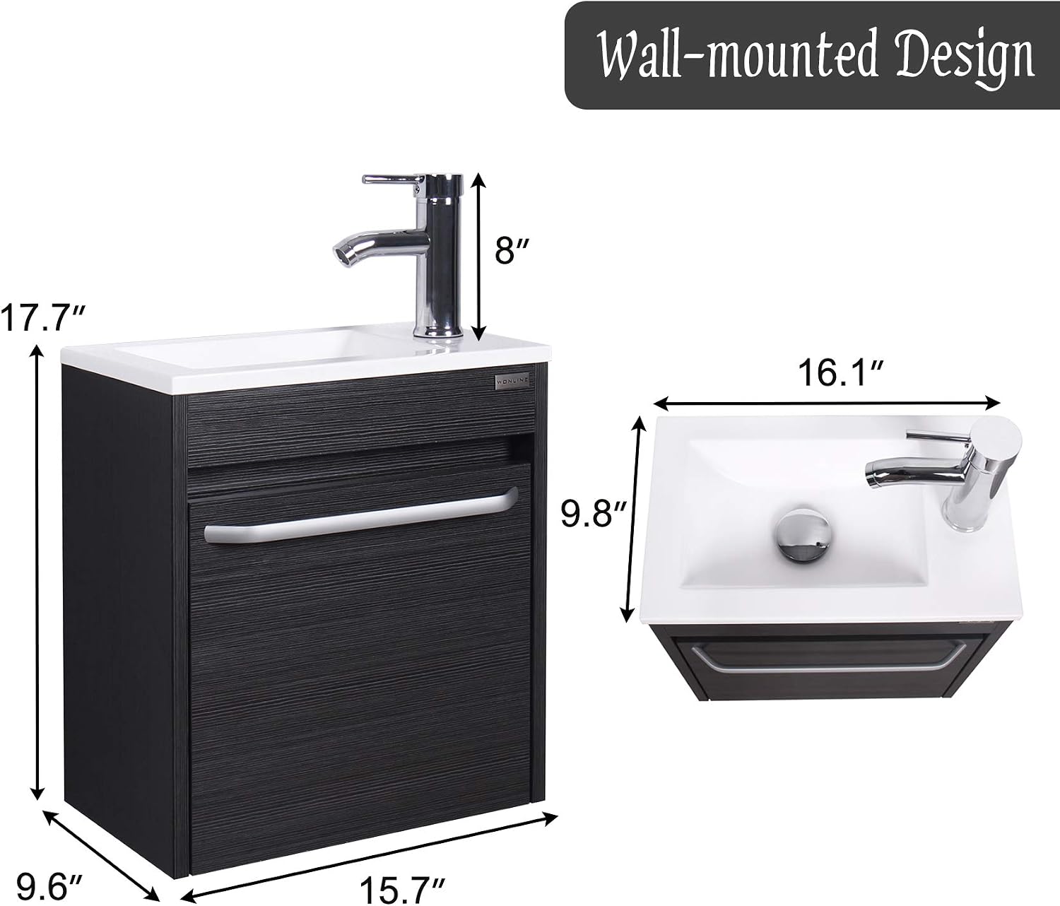 wonline 16' Bathroom Vanity Sink Combo for Small Space Black Wall Mounted Cabinet Set Design White Resin Basin Sink Top Chrome Faucet
